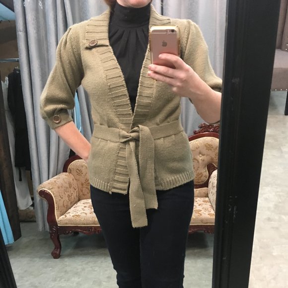1/2 Bell Sleeved Belted Knit Sweater Cardigan - Picture 2 of 13